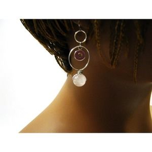 Genuine Rose Quartz Silver Steel Hammered Hoop Gemstone Drop Earrings 1.5 inch